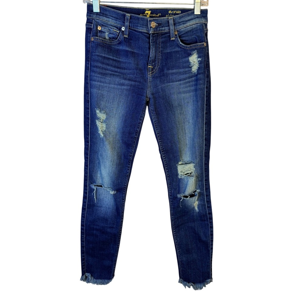 7 For All Mankind The Ankle Skinny Distressed Frayed Hem Jeans Blue Women